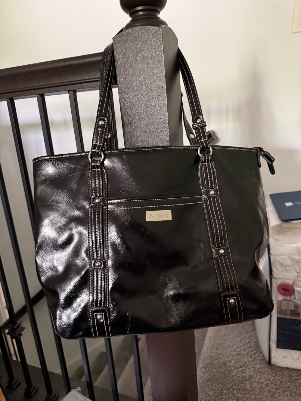 Nine West Black Patent Tote with White Stitch Detailing